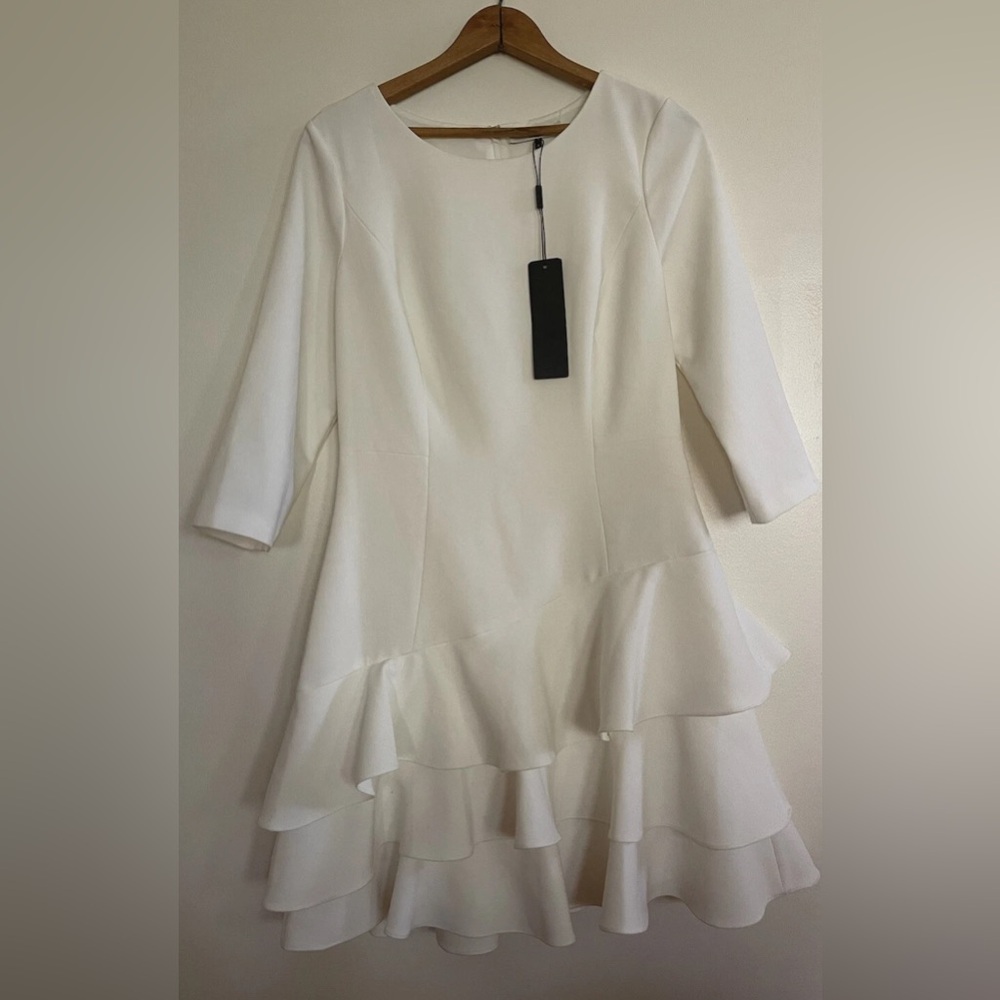 NWT Halston Heritage Dress Sz 8 Chalk Cream Ruffle-Hem 3/4 Sleeve Party $325